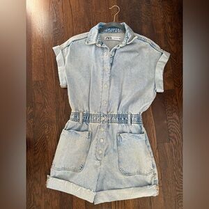 Zara Denim Short-Sleeve Jumpsuit